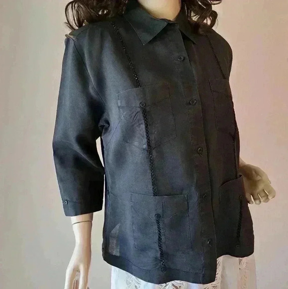 Linen BLOUSE J.M.P. Black L - Picture 1 of 10